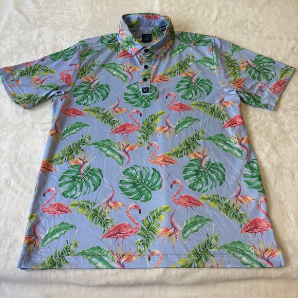 Construct Golf Quick Dry Polo Shirt Mens Size M Tropical Flamingo AOP - Picture 1 of 6
